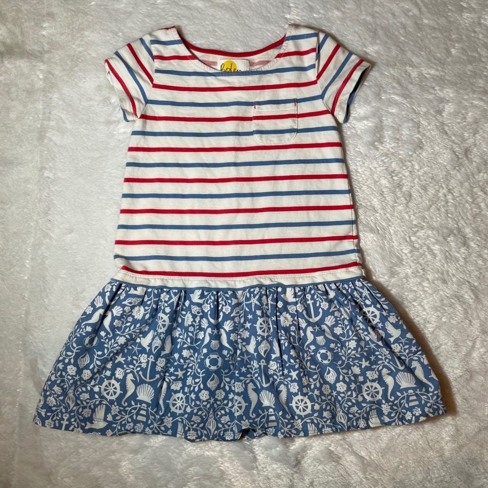 Boden Girls Nautical Striped Mixed Media Dress Blue Red White Sz 5-6YAmericana